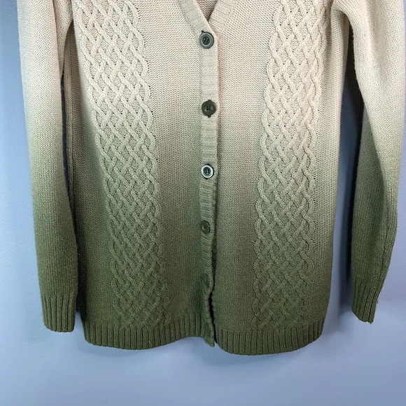 FIREFLY Wool Blend Cable-Knit Hooded Cardigan Sweater Cream Olive Green Ombre M - Picture 5 of 11